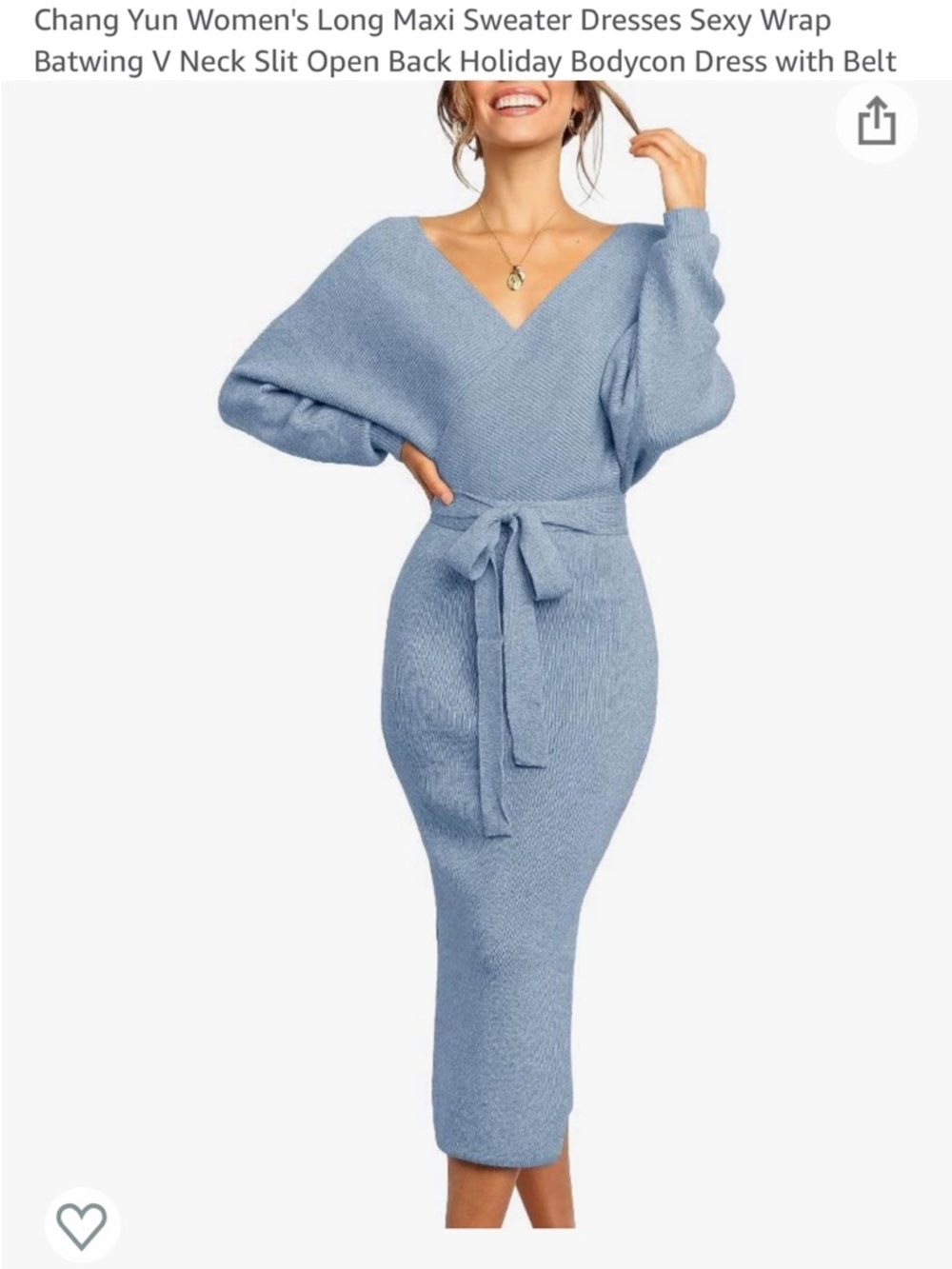 Amazon Women's Light Blue V-Neck Belted Midi Sweater Dress